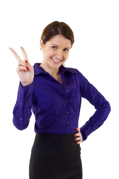 Attractive businesswoman victory sign — Stock Photo, Image
