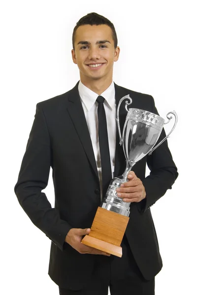 Muž s obleku drží pohár — Stock fotografie