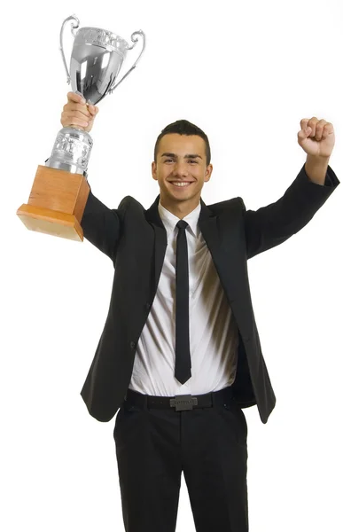 Empresário vencedor com um troféu — Fotografia de Stock