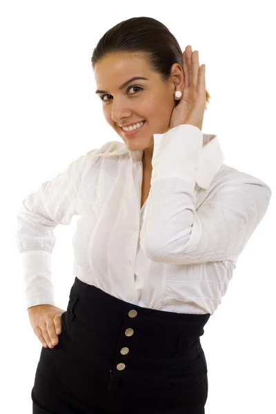 Mujer con mano a oreja — Foto de Stock