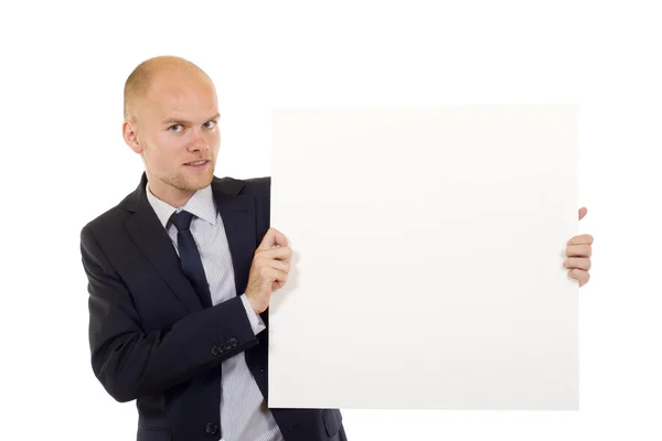 Uomo in possesso di una tavola bianca — Foto Stock