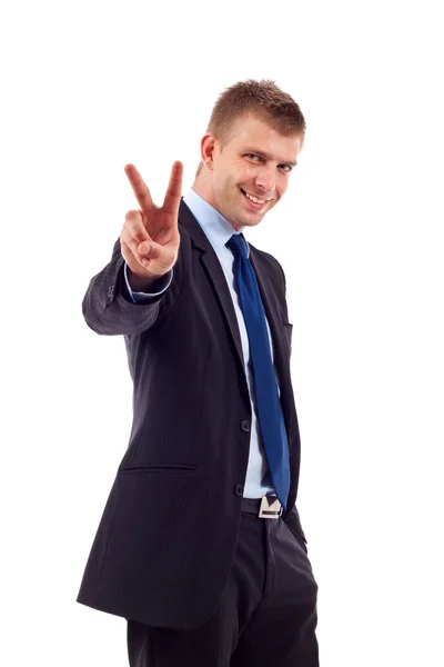 Hombre de negocios haciendo gestos victoria —  Fotos de Stock