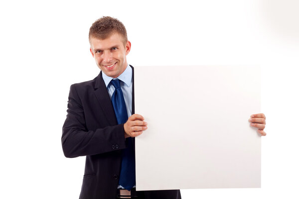 Man showing a blank board