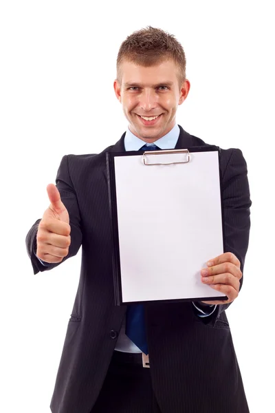 Man presenting a clipboard — Stock Photo, Image