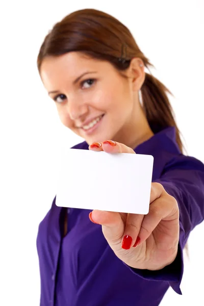그녀의 비즈니스 카드를 보여주는 — 스톡 사진