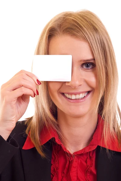 Mujer sosteniendo tarjeta en blanco —  Fotos de Stock