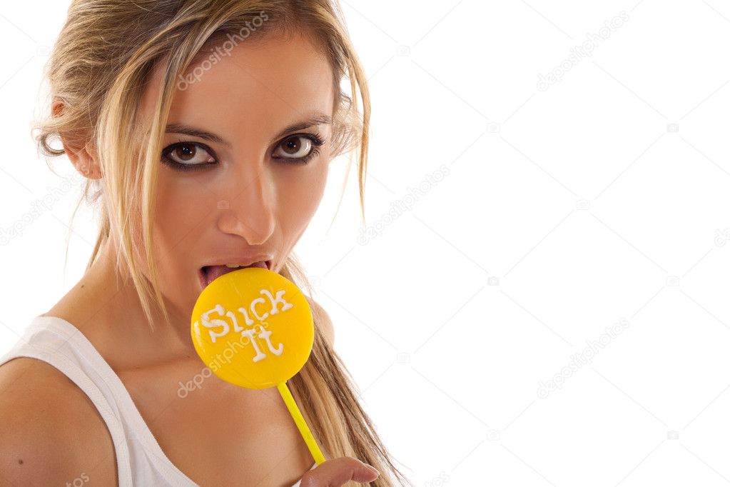 Woman sucking on a lollypop