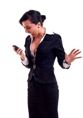 Business woman shouting to a phone clipart