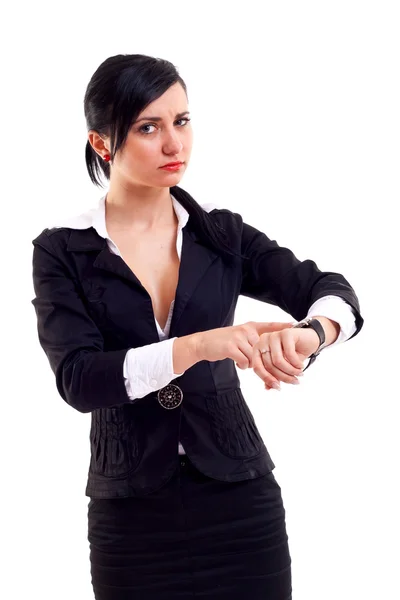 Affärskvinna pekar hennes klocka — Stockfoto