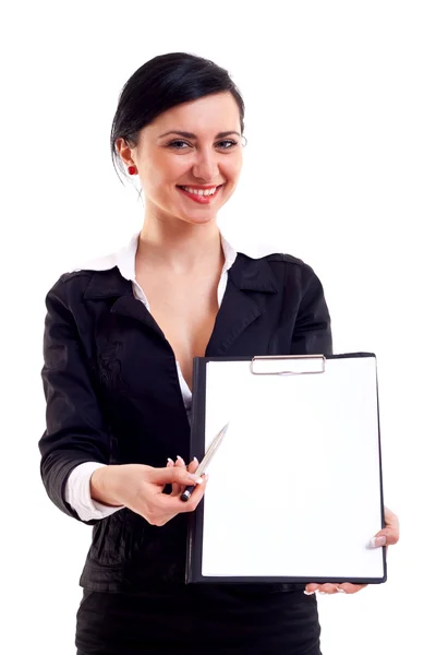 Biznes kobieta pokazuje notatnik — Zdjęcie stockowe