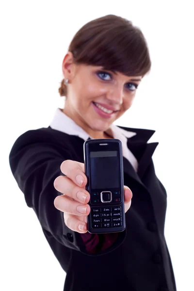 Деловая женщина держит телефон — стоковое фото