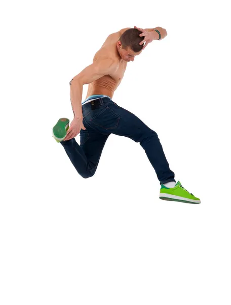 Shirtless dancer jumps — Stock Photo, Image