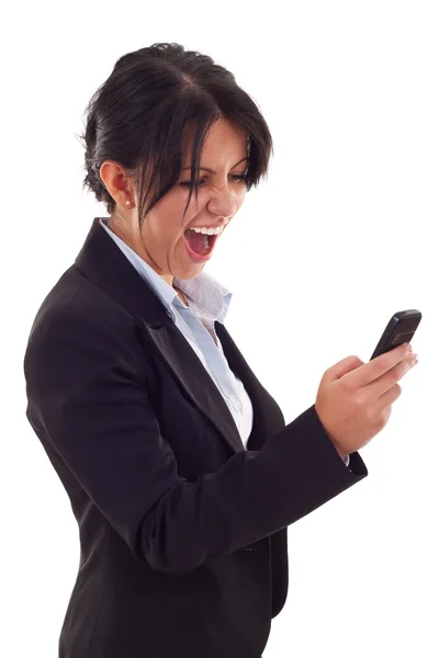 Mujer gritando a un móvil — Foto de Stock