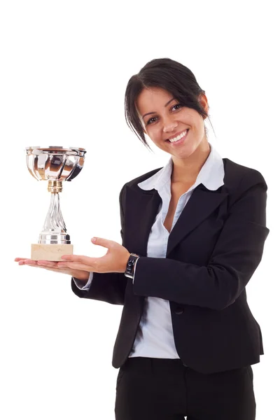 Mulher ganhando um troféu — Fotografia de Stock