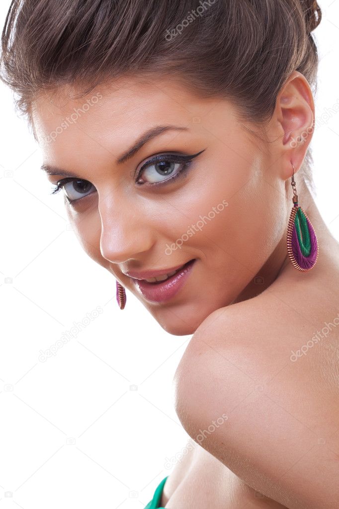 Model wearing colorful earrings