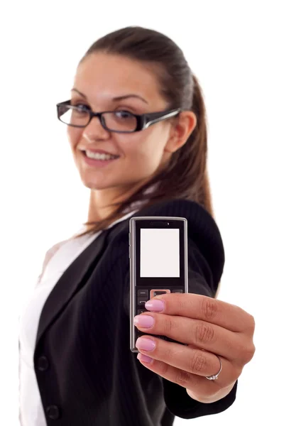 Vrouw presenteren van een mobiele telefoon — Stockfoto