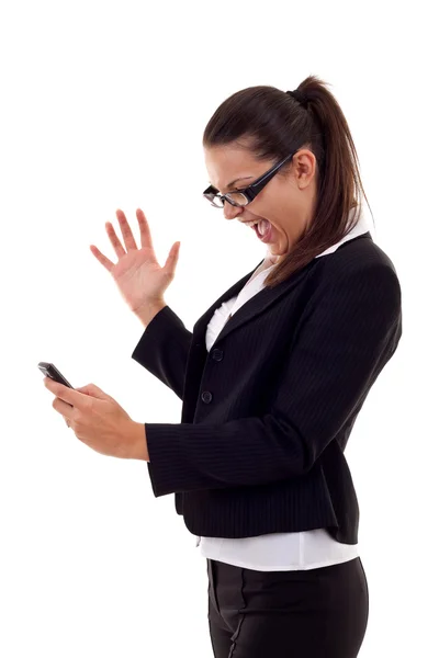 Mulher gritando a um telefone — Fotografia de Stock