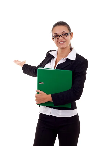 Woman with folder presenting — Stock Photo, Image