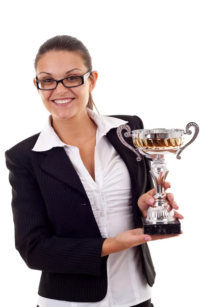 Business woman winning a trophy — Stock Photo, Image