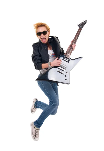 Gitarristin springt — Stockfoto