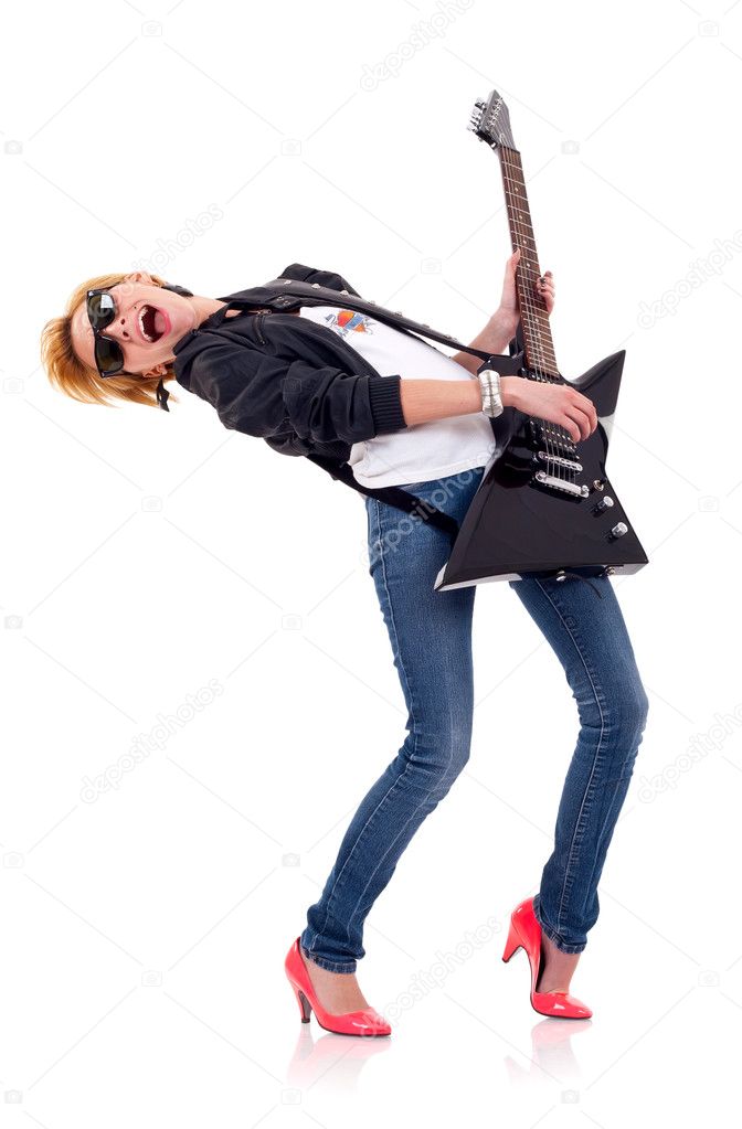 Blond girl playing her electric guitar