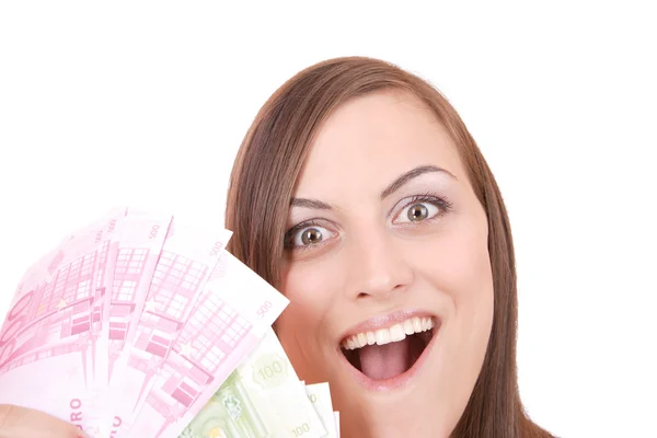 Šťastná žena se skupinou euro bankovek — Stock fotografie