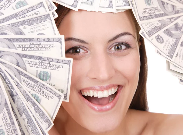 Приваблива жінка з рахунками в 100 доларів — стокове фото