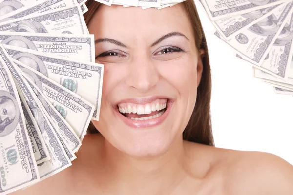 Attraktive Frau mit 100-Dollar-Scheinen — Stockfoto