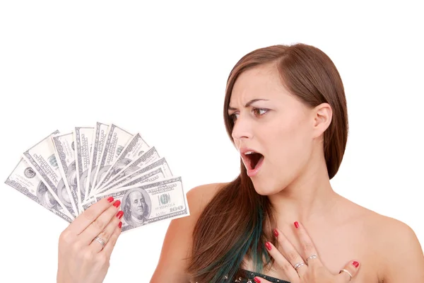 Mujer atractiva con billetes de 100 dólares — Foto de Stock