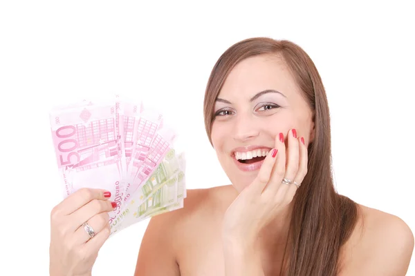 Glad kvinde med gruppe af euro regninger - Stock-foto