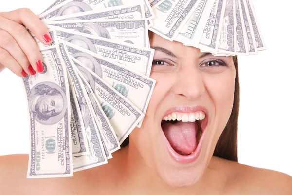 Vonzó nő vesz 100 dollár számlák, sok — Stock Fotó