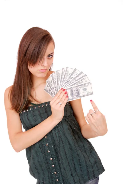 Atractiva mujer toma billetes de 100 dólares — Foto de Stock