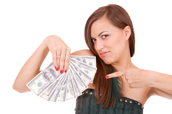 Atractiva mujer toma billetes de 100 dólares —  Fotos de Stock