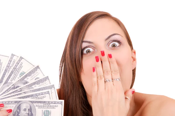 Attraktive Frau nimmt 100-Dollar-Scheine — Stockfoto