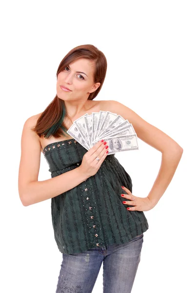 Привлекательная женщина берет 100 долларов купюр — стоковое фото