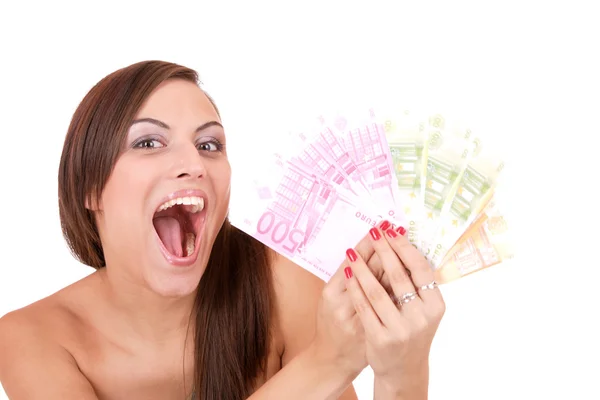 Mulher feliz com grupo de notas de euro — Fotografia de Stock