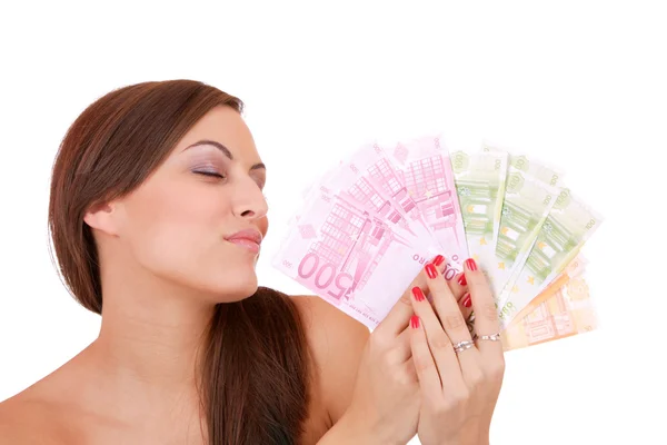 Femme heureuse avec groupe de billets en euros — Photo