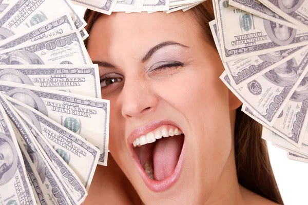 Aantrekkelijke vrouw met 100 dollarbiljetten — Stockfoto