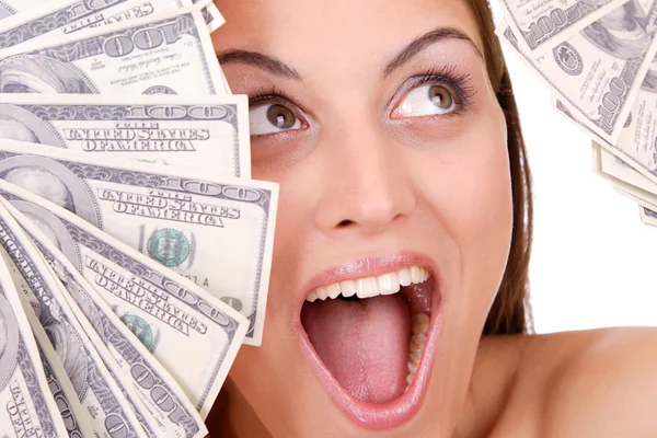 Attraktiv kvinna med 100 dollarsedlar — Stockfoto