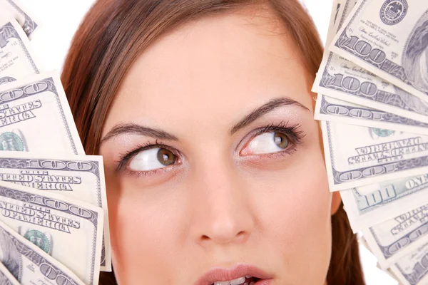 Mujer atractiva con billetes de 100 dólares — Foto de Stock