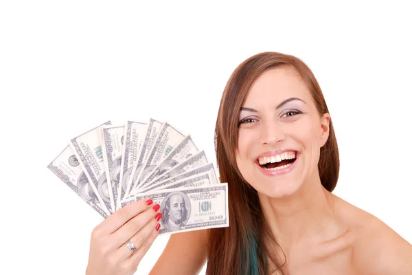 Attractive woman takes 100 dollar bills — Stock Photo, Image