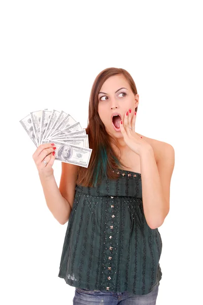 Mulher atraente com notas de 100 dólares — Fotografia de Stock