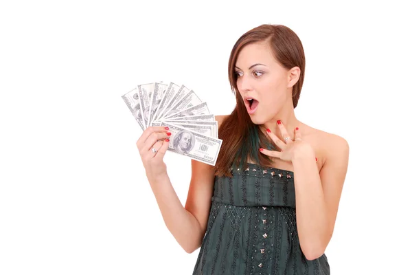 Çekici kadın 100 dolarları alır — Stok fotoğraf
