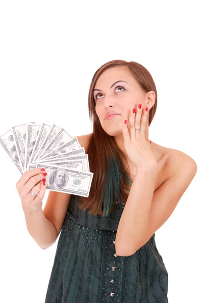 Atraktivní žena bere 100 dolarové bankovky — Stock fotografie