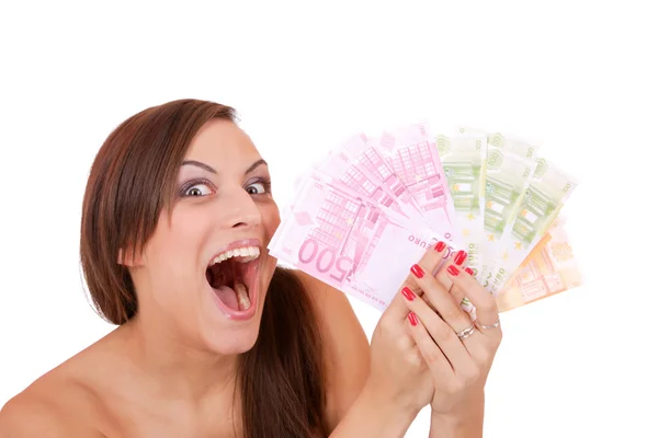 Femme heureuse avec groupe de billets en euros — Photo