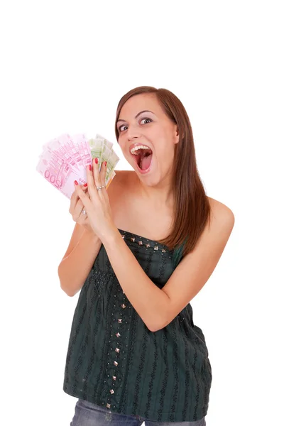 Mulher feliz com grupo de notas de euro — Fotografia de Stock