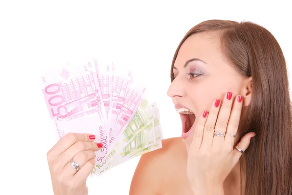Счастливая женщина с группой счетов евро — стоковое фото