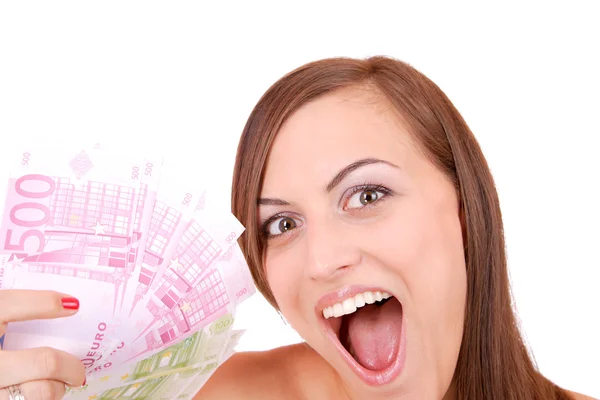 Счастливая женщина с группой счетов евро — стоковое фото
