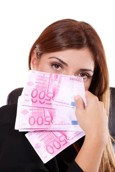 Mujer joven sosteniendo el dinero en la mano — Foto de Stock