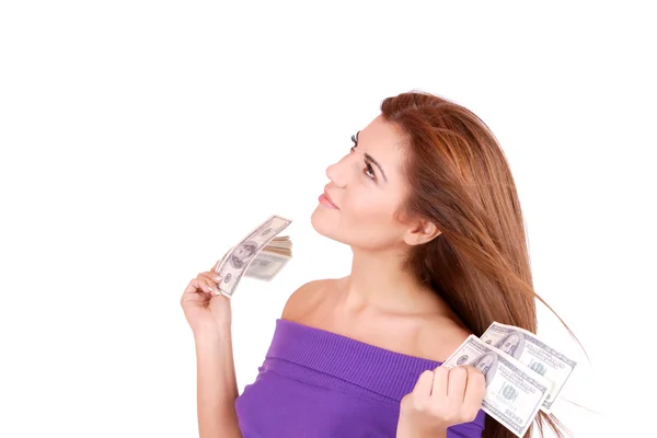 Parayı elinde tutan genç bir kadın — Stok fotoğraf
